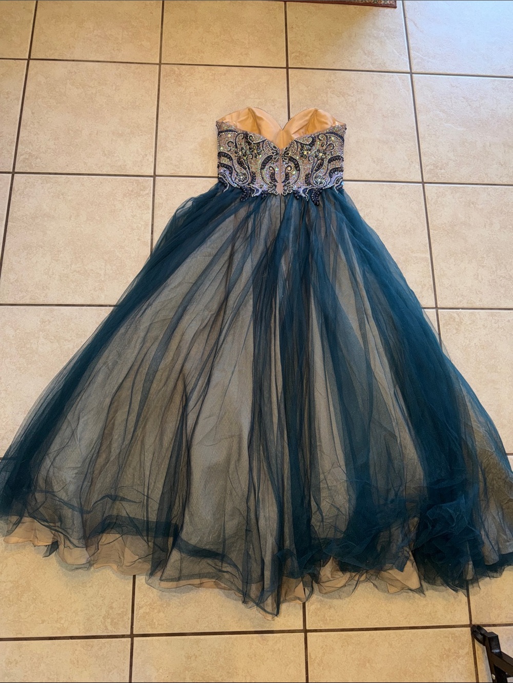 Teal Beaded Strapless Tulle Prom Gown Formal Dress Fairycore - Picture 10 of 13